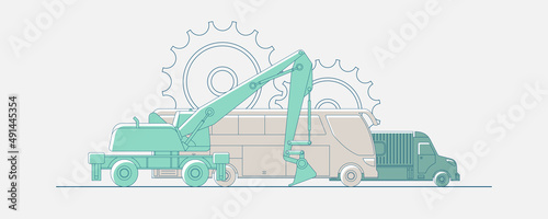 Bus, truck, excavator icon with gears. Car service and repair construction machinery. Vector illustration, EPS 10