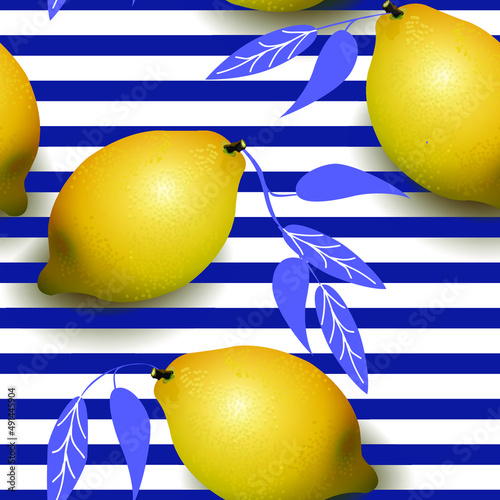 Seamless citrus pattern. Hand drawn vector illustration with lemons, blue stripes and leaves .Template for print, textile,wallpaper cover and box design.