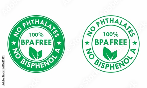 No phthalates and no bisphenol logo template illustration, check mark and green leaf, safe food package stamp. BPA free vector certificate