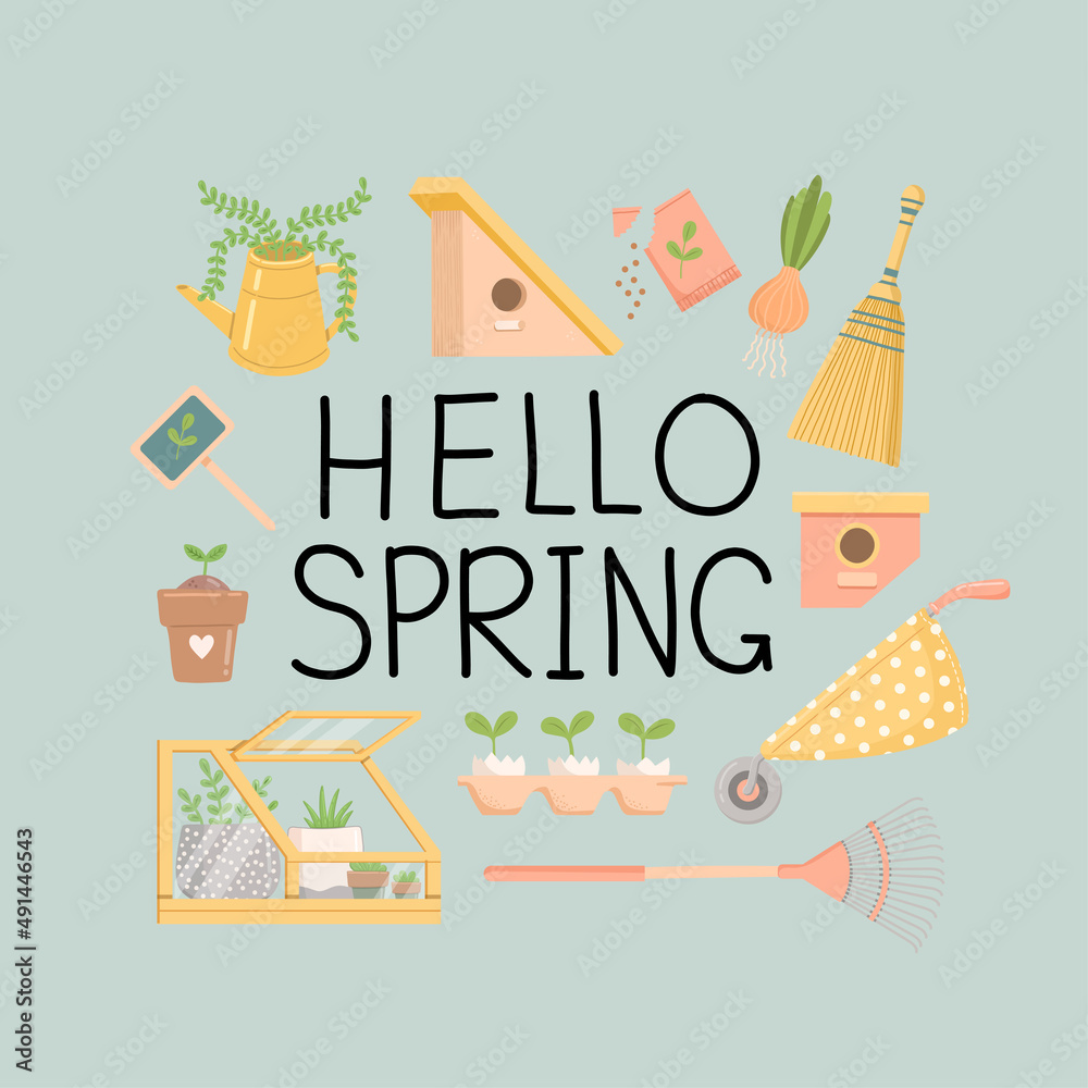 Hello spring, spring set, flat design, vector