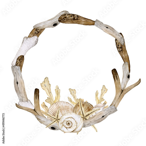 Wreath of driftwood and shells watercolor on a white background © Ekaterina