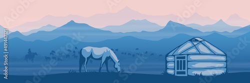 Fantasy on the theme of life in Central Asia. Nomads life, a horse grazes, yurt. Panoramic view, morning haze, vector illustration.