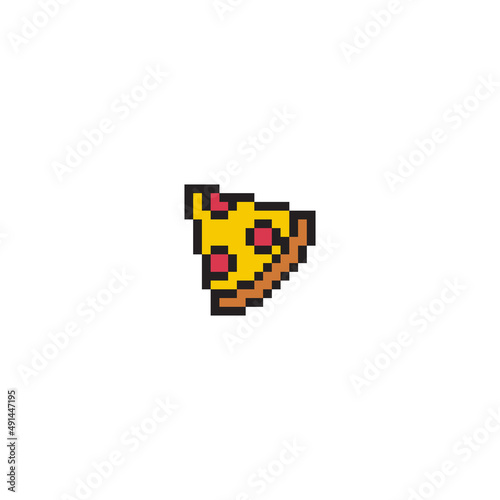 Slice of pizza pixel art icon. Design for stickers, pizzeria logo, mobile app. Game assets 80s 8-bit sprite. Pepperoni piece pizza isolated vector illustration.