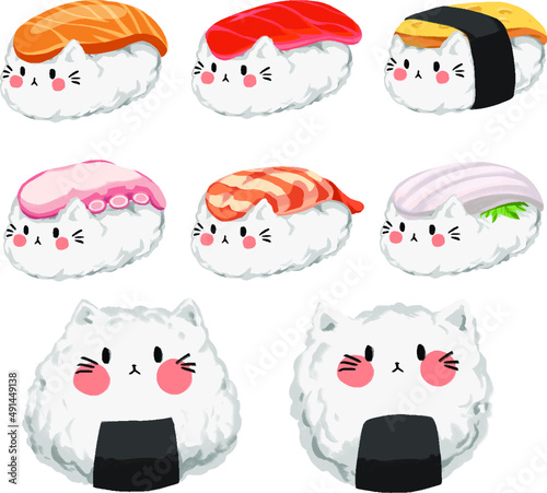 Set of cat-onigiri and cat-sushi