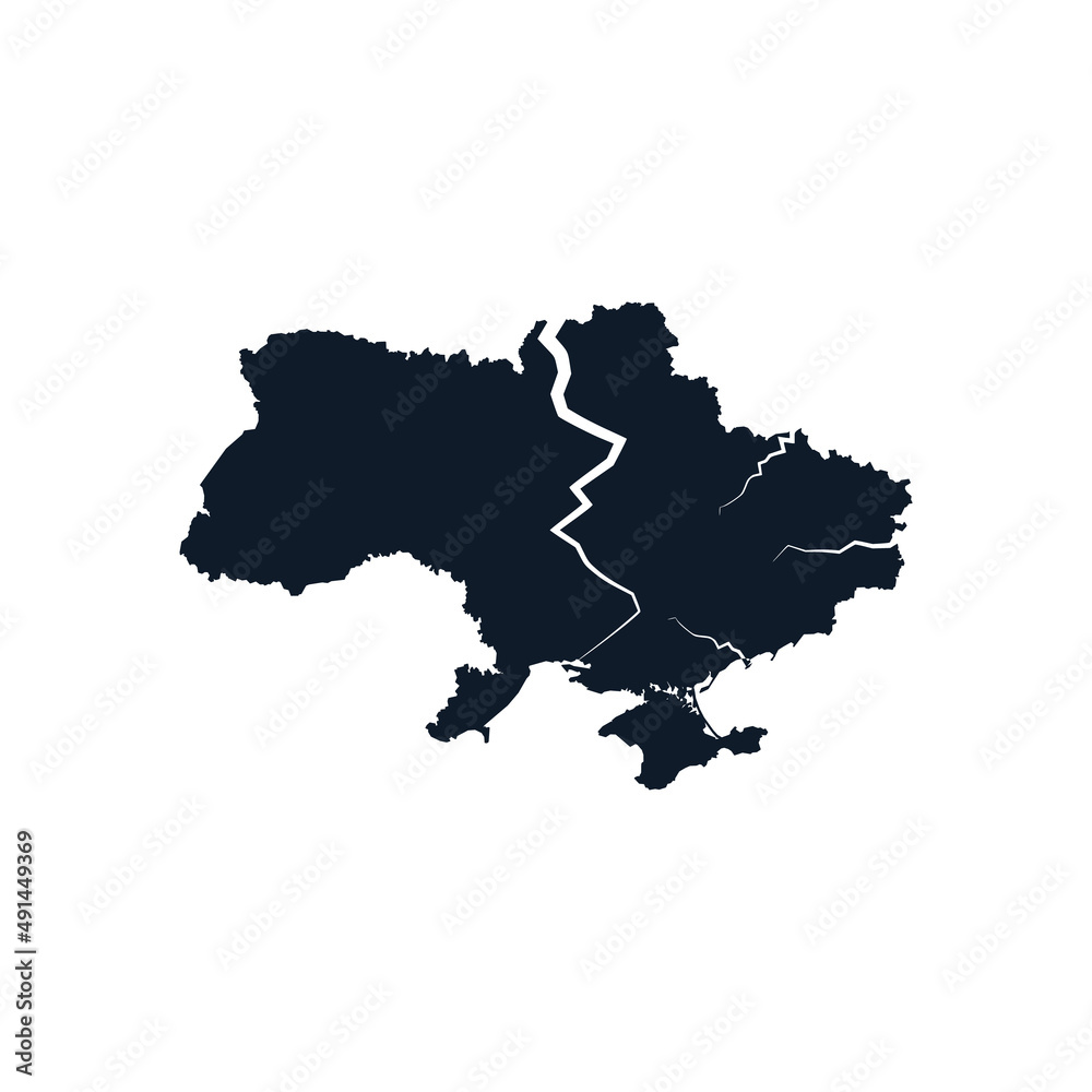 Crack on the map of Ukraine - decline, ruin, collapse, failure, disintegration and decimposition of Ukrainian country and state. Stock vector illustration isolated on white background.