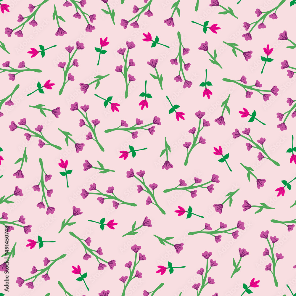 Purple ditsy flowers pattern design on pastel pink background