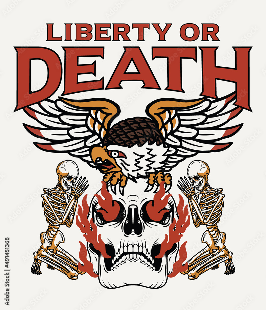Fototapeta premium Eagle on Burning Skull and Praying Skeletons Illustration with A Slogan Artwork on White Background For Apparel and Other Uses