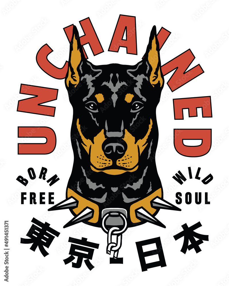 Vetor de Doberman Pinscher Dog Illustration with Tokyo Japan Words in