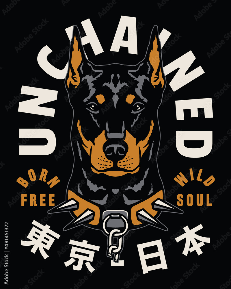 Doberman Pinscher Dog Illustration with Tokyo Japan Words in Japanese