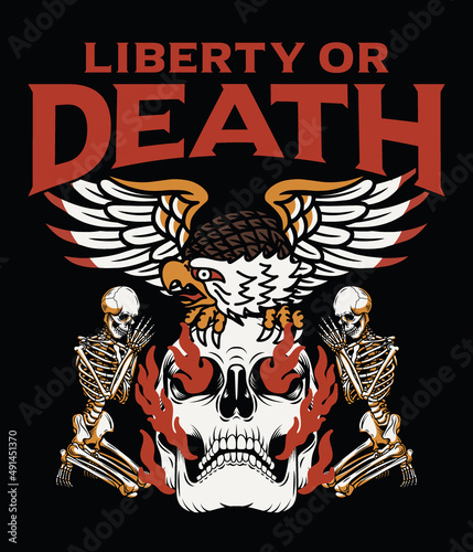Eagle on Burning Skull and Praying Skeletons Illustration with A Slogan Artwork on Black Background For Apparel and Other Uses