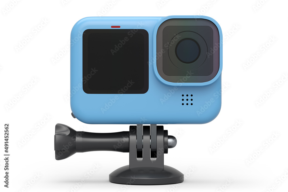 Photo and video lightweight blue action camera with display on white background Photo and video lightweight blue action camera with display on white background