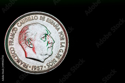 Francisco Franco Five Pesetas Coin 1957 Obverse Reverse Macro Copy Space Black Background photo