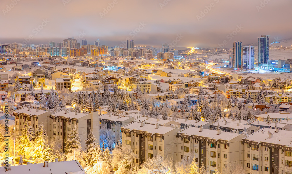 Obraz premium Aerial view of Ankara the capital city of Turkey covered with snow in winter - Konutkent, Ankara