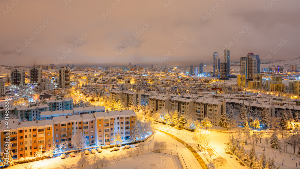 Aerial view of Ankara the capital city of Turkey covered with snow in winter - Konutkent, Ankara