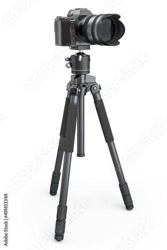 Photo and video tripod with nonexistent DSLR camera on isolated on white