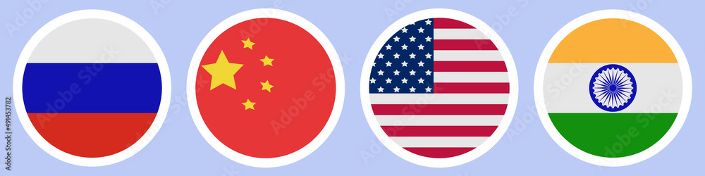 Flags of different countries. A set of stickers on a white backing. Collection of vector icons. Isolated background. Russia, China, India, USA. National symbol of the state. Political themes. Flags of different countries. A set of stickers on a white backing. Collection of vector icons. Isolated background. Russia, China, India, USA. National symbol of the state. Political themes.