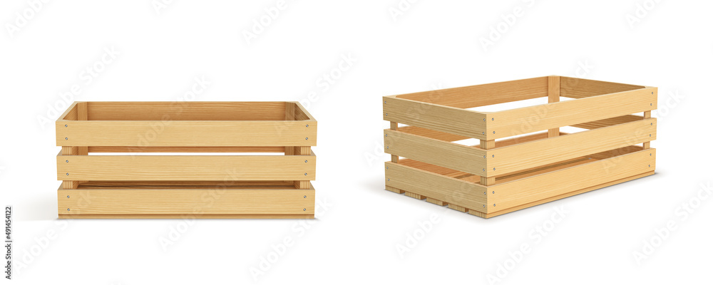 Vector realistic cargo storage wooden box isolated on white background. Wooden fruit box with holes. Box for storage and transportation of food. Vector realistic cargo storage wooden box isolated on white background. Wooden fruit box with holes. Box for storage and transportation of food.
