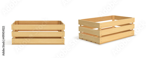 Vector realistic cargo storage wooden box isolated on white background. Wooden fruit box with holes. Box for storage and transportation of food.