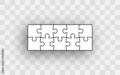Puzzle pieces set. Jigsaw grid with 10 details. Simple background with mosaic shapes. Scheme for thinking game. Cutting template. Frame tiles. Vector illustration. Fun challenge leisure.