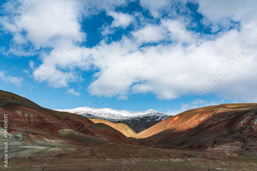 Panoramic view of red striped mountains in winter