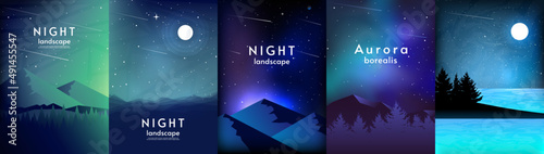 Vector illustration. Landscapes set. Abstract aurora landscape. Design for covers, posters, brochures, design. Flat illustration on light backdrop. Adventure concept. 