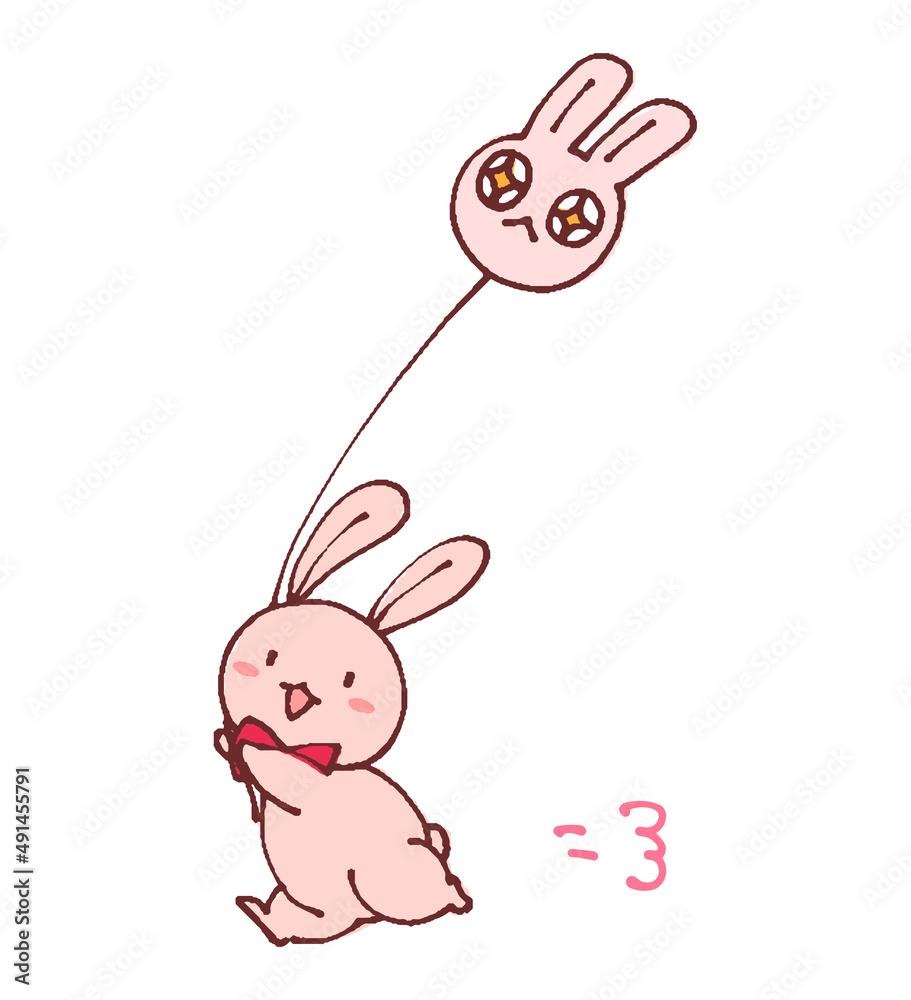 Obraz premium ゆるかわいいデフォルメうさぎのイラスト 凧揚げ 正月の遊び
