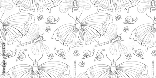 Vector seamless pattern of butterflies, dragonflies, snails and flowers. Doodle style, thin black outline. Flower meadow. Cute texture on theme of nature, spring, summer, children print