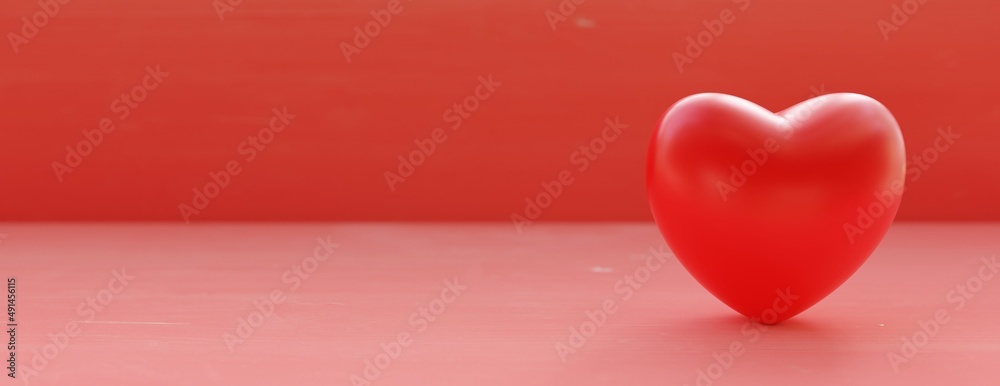Red color heart on empty red wooden background. Copy space, banner. 3d render Red color heart on empty red wooden background. Copy space, banner. 3d render