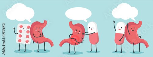 Cut pills and stomash with empty speech bubble character cartoon art illustration