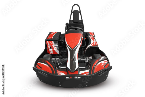 Racing kart without pilot isolated on white background. Karting concept for design. Racing balid front view