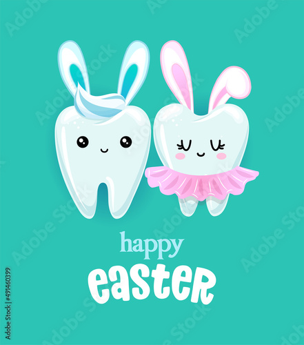 Happy Easter - Tooth couple character design in kawaii style. Hand drawn Toothfairy with funny quote. Good for school prevention posters, greeting cards, banners, textiles.