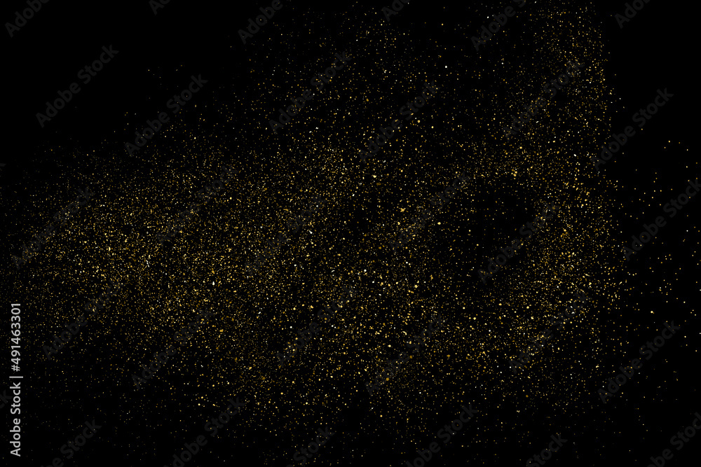 Gold Glitter Texture Isolated on Black Background. Golden stardust. Amber Particles Color. Sparkles Rain. Vector Illustration, Eps 10.