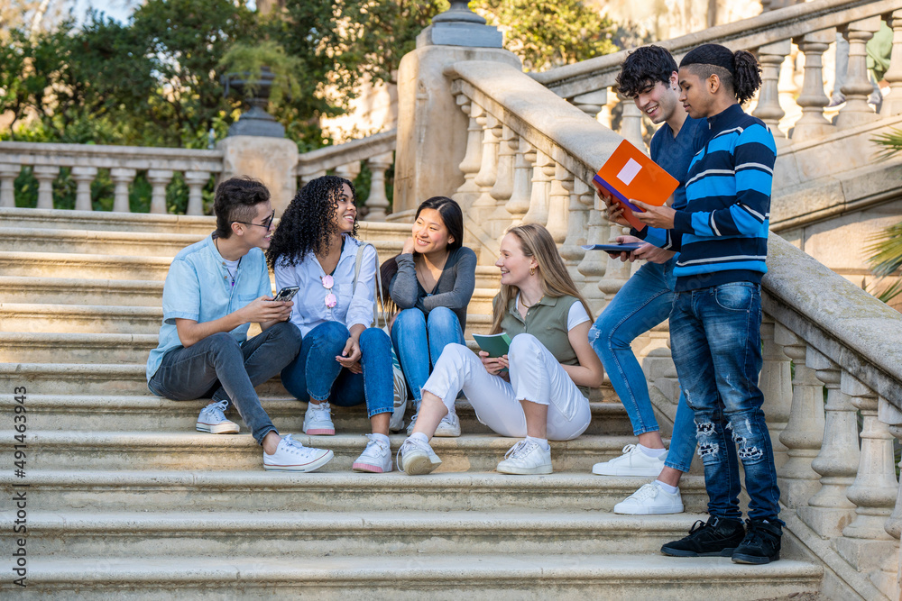 Group of young multiracial students talking on some stairs