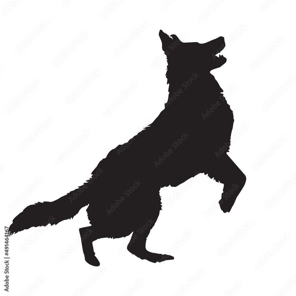 Dog silhouette isolated on white background. Pet dog jumping black icon. Watchdog symbol. German shepherd dog. Large breed dog stands on its hind legs.Dog standing or leaping.Stock vector illustration