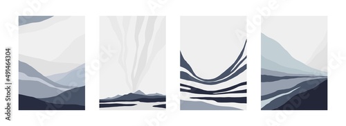 Abstract landscape posters. Trendy cold Icelandic covers with minimalistic scenery. Vector illustration