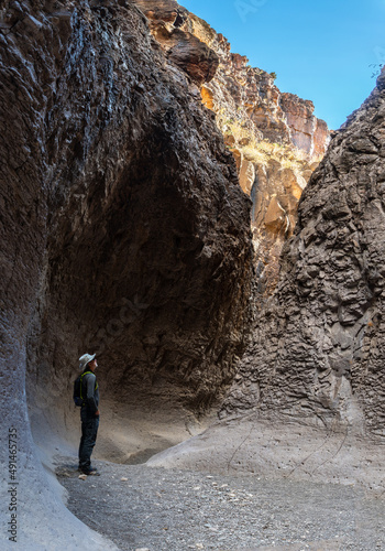 Hider person man standing in a water eroded slot canyon with curved walls looking up at the scenery, Closed Canyon, Big Bend Ranch State Park, Texas photo