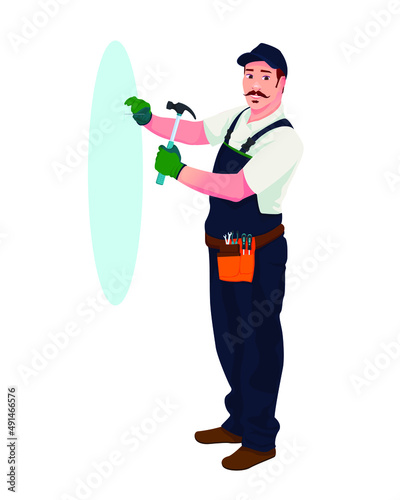 The man hammering nails into the wall. Repair man. Vector illustration.