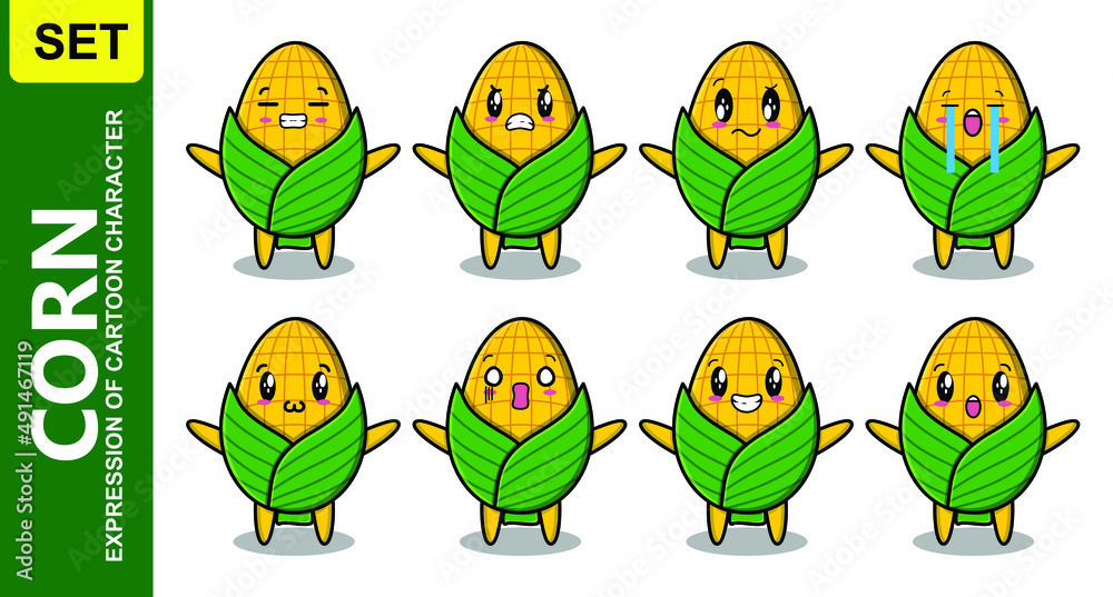 Obraz premium Set kawaii corn cartoon character with different expressions of cartoon face vector illustrations