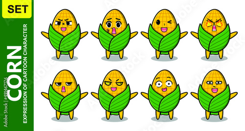 Set kawaii corn cartoon character with different expressions of cartoon face vector illustrations