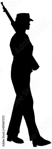 Female soldier marching, silhouette in black on white background 