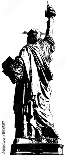 statue of liberty from behind, black on white background 