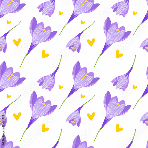 Beautiful pattern of spring snowdrops flowers. Violet crocus flowers. Hand drawn vector illustration.