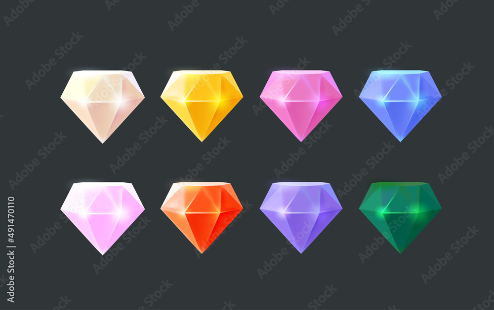 Color gems and isolated on black background. 3d vector elemets set