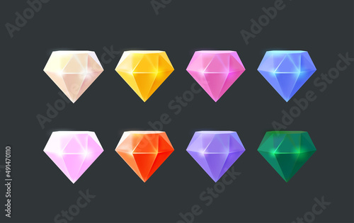 Color gems and isolated on black background. 3d vector elemets set