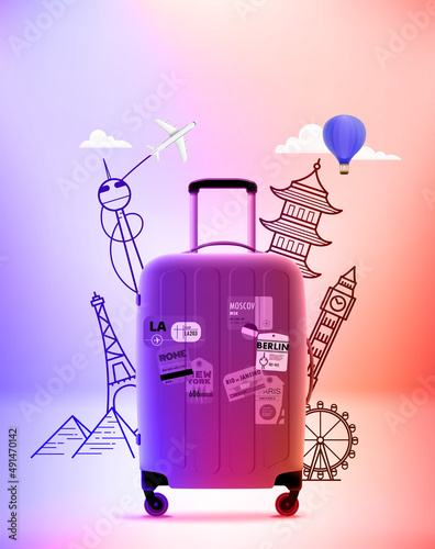 Baggage with world sights silhouettes. 3d vector illustration