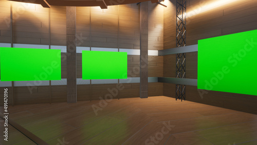 virtual studio set with green screen shot 3d illustration