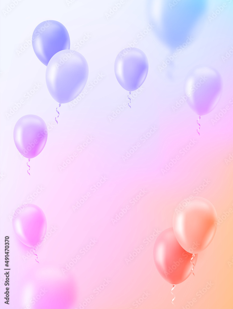Illuminated room with air balloons. 3d vector vertical banner with copy space