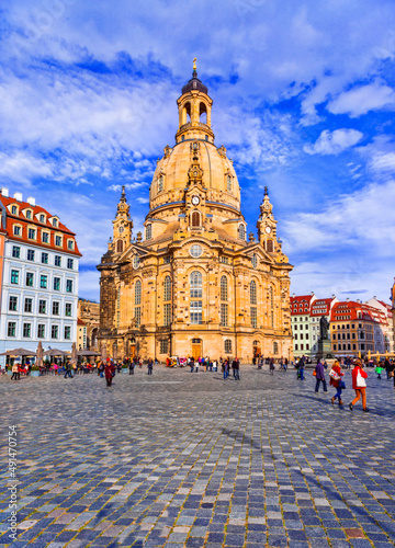 Downtown of Dresden  city square and baroque cathedral  Our Lady Frauenkirche, Germany