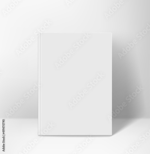 White book standing od a wall vertical. 3d vector mockup for branding