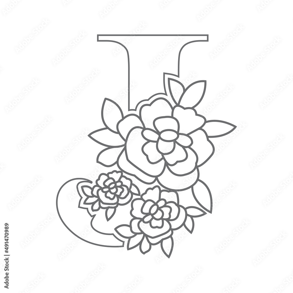 Floral alphabet letter coloring book for kids. Vector illustration of